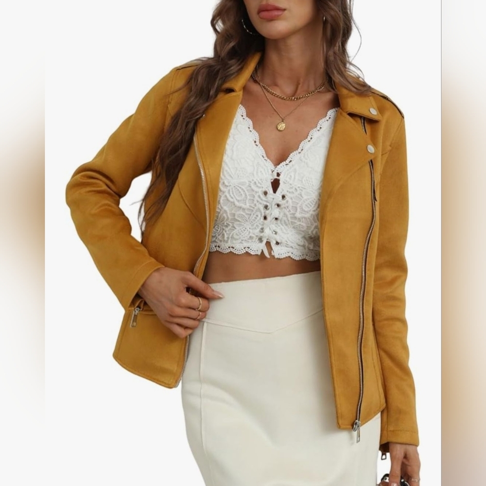 Women's Leather Suede Stretchy Mustard Jacket